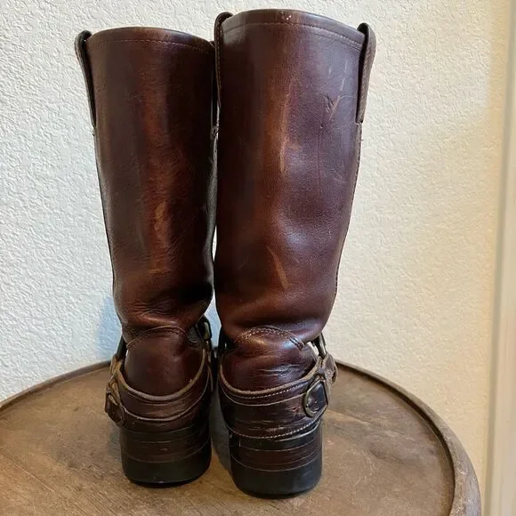 FRYE Harness Brown Leather Belted Square Toe Riding Boots Women's Size 6 - Picture 9 of 16